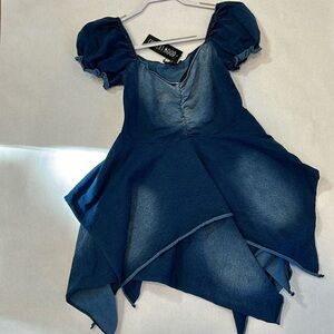 Current mood Dolls Kill short puff sleeve stretch denim mini dress handkerchief